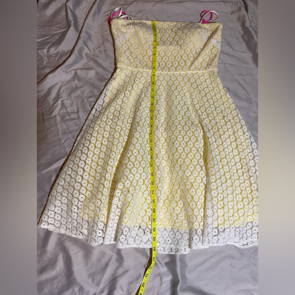 Betsey Johnson Yellow Dress and white lace Overlay summer sundress strapless - Picture 6 of 8